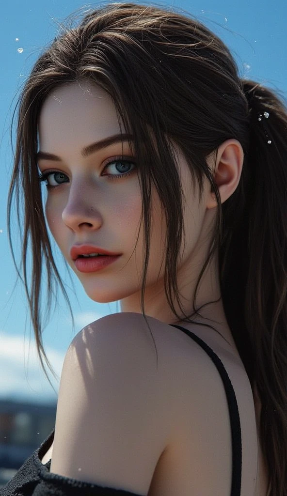portrait Lily Collins, wearing swimsuits costume, against the background of the fountain, character portrait, 4 3 9 0 s, wavy hair, intricate, elegant, highly detailed, digital painting, artstation, concept art, smooth, sharp focus, illustration, art by wlop, charlie bowater and alexandra fomina, 36k, glittering, shining, correct anatomy