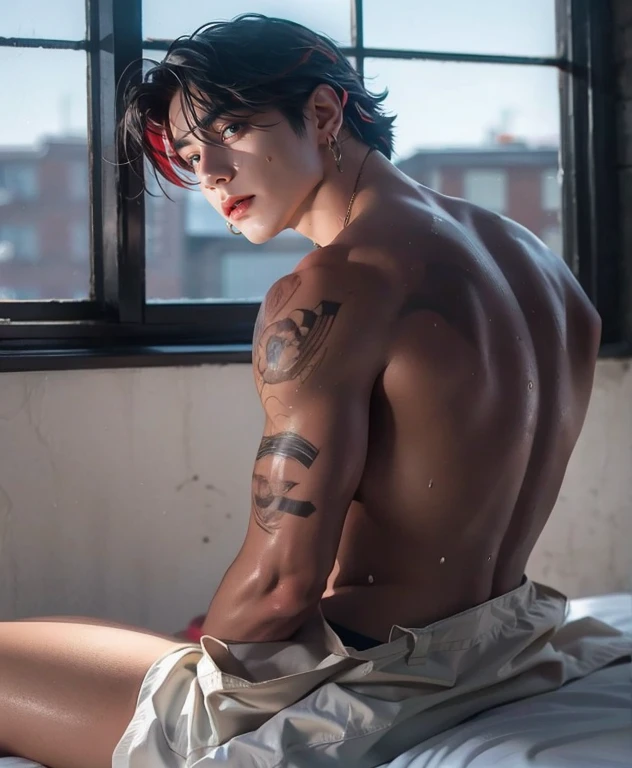 A black-haired boy with blue streaks and a big, toned and defined body posing in a mirror in his bathroom without a shirt and only in black pants and with a tattoo on his arm and with a serious expression