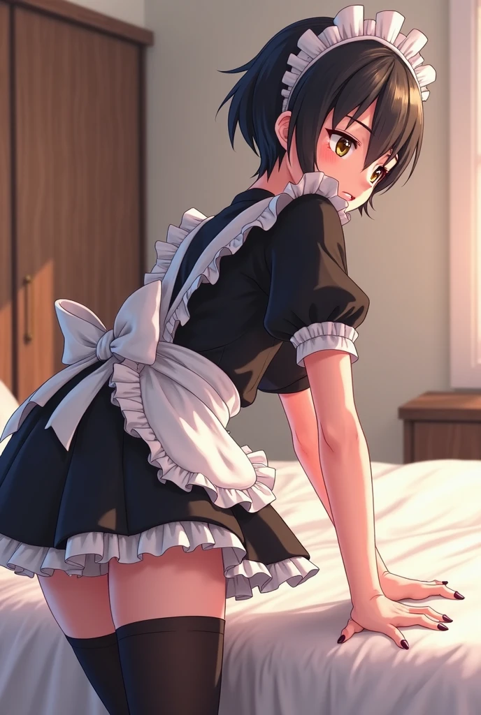 (masterpiece, highest quality, highest quality, Official Art, Cosmetology and aesthetics: 1.2), Bobcut, Black Hair,Short skirt maid outfit, Crossdresser,Cute, delicate and short, upskirt, panties, (all fours:1.2), cleaning,from above, from behind,Luxury House,corridor