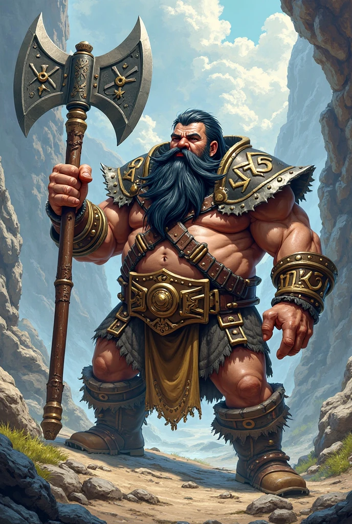 Dwarf 25 years old, tatuados, holding a giant axe with both hands, with big blue hair full of scars With a raven on his shoulder