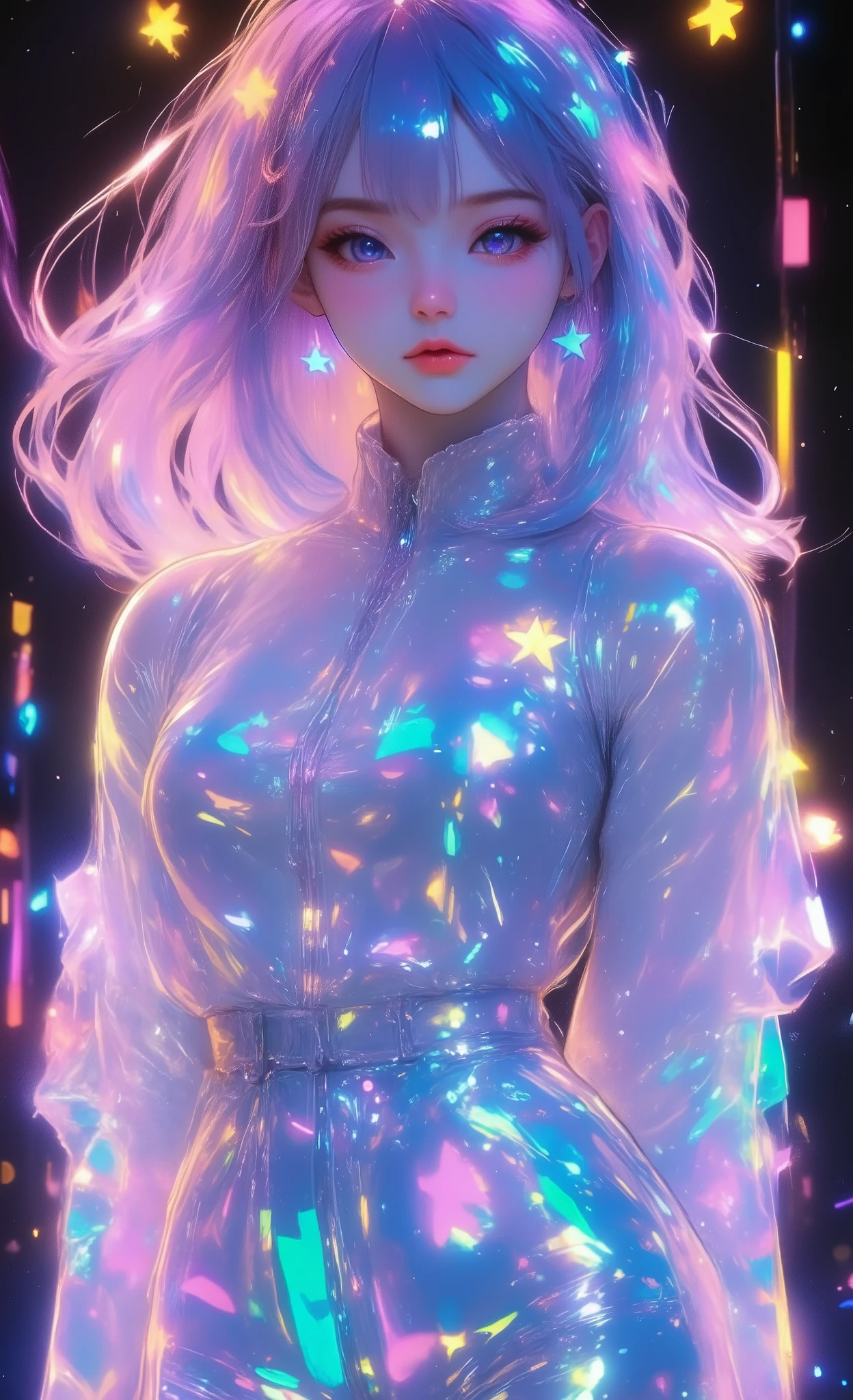 black hair, 1 girl, smooth skin night background very pale skin white skin sexy 18 wearing a hooded white chicken mascot dress+ Looking at the chest , See hands, See arms, See legs, See knees, See feet, See whole body, wet body , Shining skin, is cute ( Seductive gestures:2.0)
