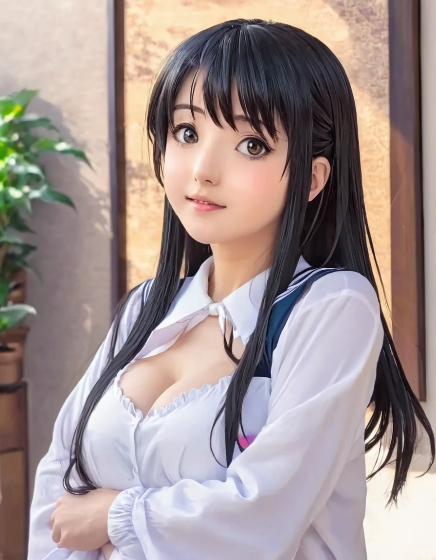 nsfw, 1girl in, (solo), masterpiece, best quality, 8K, hight resolution, extremely detailed girl, extremely detailed beautiful face, Beautiful skin, shiny skin, perfect anatomy, face focus, (ideal ratio body proportions), cowboy shot, smile, stylish pose, black hair, long hair, medium breasts, white and blue very mini skirt, white shirt, (blue tie), navel, looking at viewer, Sharp Focus, face lights, Simple background, single color background,