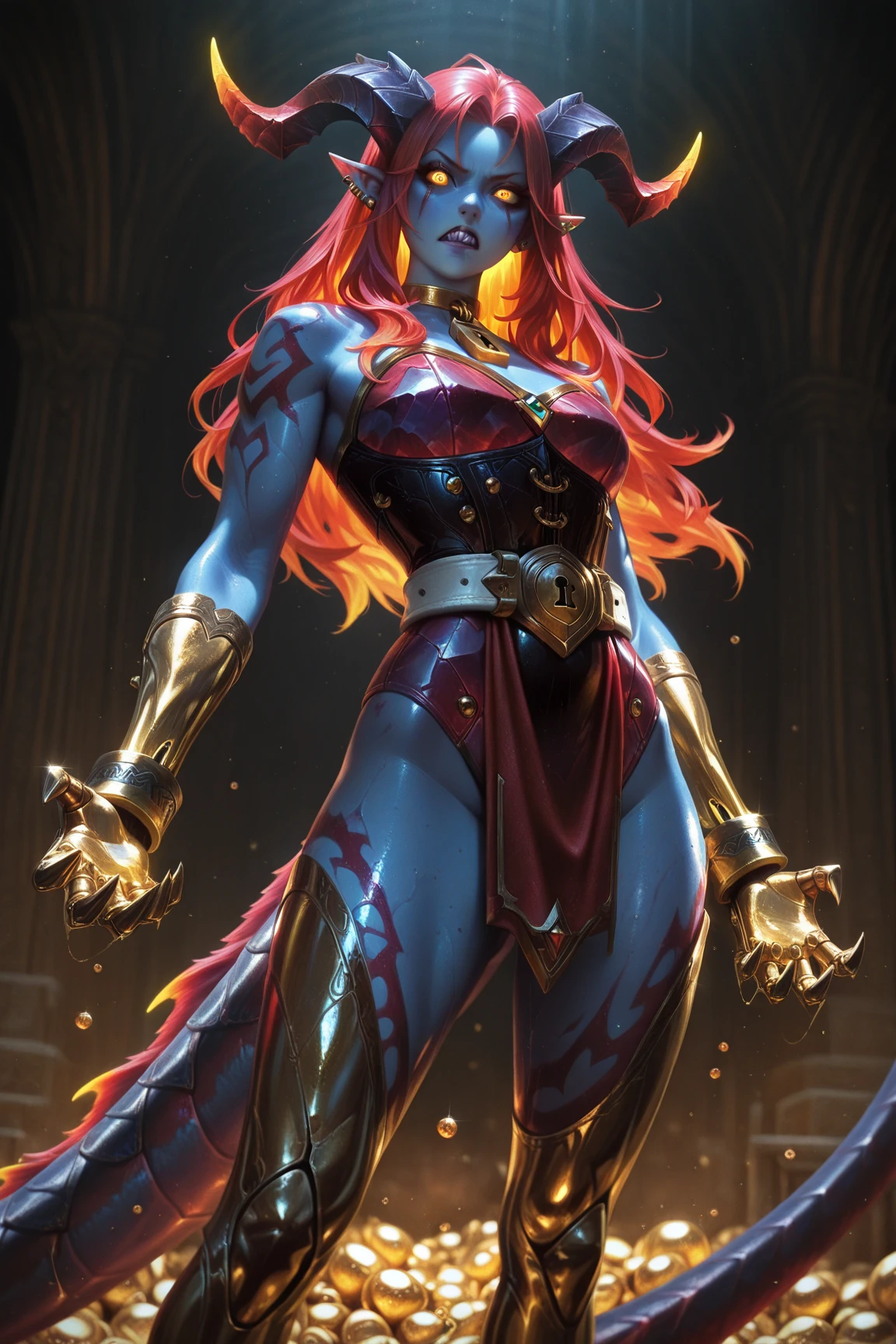 fantasy art, dnd art, RPG art, wide shot, (masterpiece: 1.4) a (portrait: 1.3) intense details, highly detailed, photorealistic, best quality, highres, portrait a female (fantasy art, Masterpiece, best quality: 1.3) ((blue skin: 1.5)), intense details facial details, exquisite beauty, (fantasy art, Masterpiece, best quality) cleric, (blue skinned: 1.3) female, (pink hair: 1.3), long hair, (no ears: 1.5), (green eyes: 1.3), armed with a fiery sword red fire, wearing (white armor: 1.3), wearing high heeled laced boots, wearing an (orange cloak:1.3), wearing glowing holy symbol GlowingRunes_yellow, within fantasy temple background, reflection light, high details, best quality, 16k, [ultra detailed], masterpiece, best quality, (extremely detailed), close up, ultra wide shot, photorealistic, RAW, fantasy art, dnd art, fantasy art, realistic art,((best quality)), ((masterpiece)), (detailed), perfect face,2d anime hand-drawn digital sketch style