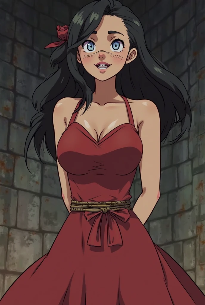 Long black wavy hair, red lips, dark brown eyes. A red mini front low-cut dress, small light pink coin purse on the layered chain belt around her waist, black high heels, anime, a sword behind her back that is placed in the sheath, large chest, One Piece style