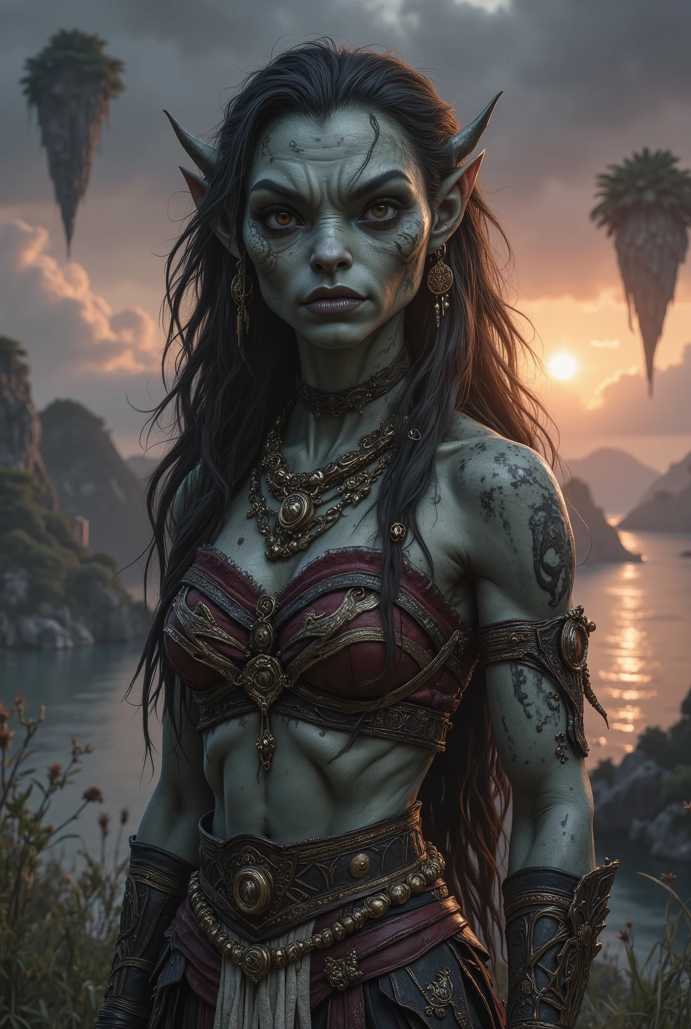 view from height,full-body-shot,obsidian The Alien Entity, half-Moana, sassiness temper,natural leather textures, hyper realisitc, hyper detailed,Extremely detailed,High contrast, ,Realistic,Ultra Detailed,intricate details,realistic humid skin,extremely intricate,Epic Realistic, Romantic, cinematic style,irina yermolova, orc's village of fishers,full body length,ominous landscape,floating islands on background in dangerous atmosphere,sunset, a Tim Burton-inspired dreamscape,Bun Hair,(Folk clothes:1.5),full body length,niobium goblin,native africa ,once pretty face,eyebrow up,full body shot,ominous landscape,niobium gray atmosphere,photo,photorealism,Masterpiece,hyper natural skin textures, hyper realism,hyper detailed,High contrast,Realism,Ultra Detailed,irina yermolova,close full body shot,32K resolution,Nikon Z9, ,demonic fog, smoke, audience, mist, featuring ultra-realistic and hyper-realistic elements, Marta Bevacqua, Ellen Jewett, Kawacy, Katsuya Terada, Carne Griffiths,concert lighting, bokeh, luminal space that feels both bright and surreal. Includes liquid fluid elements for added depth and movement. Rendered in an unreal engine and post-processed to achieve . Evokes a sense of dreamy, ethereal and mystical mood,horror pixar movie still,thriller disney movie ,pixar render, animated ,suicide,psychiatric clinic, insane fantasy,storm,cloud storm