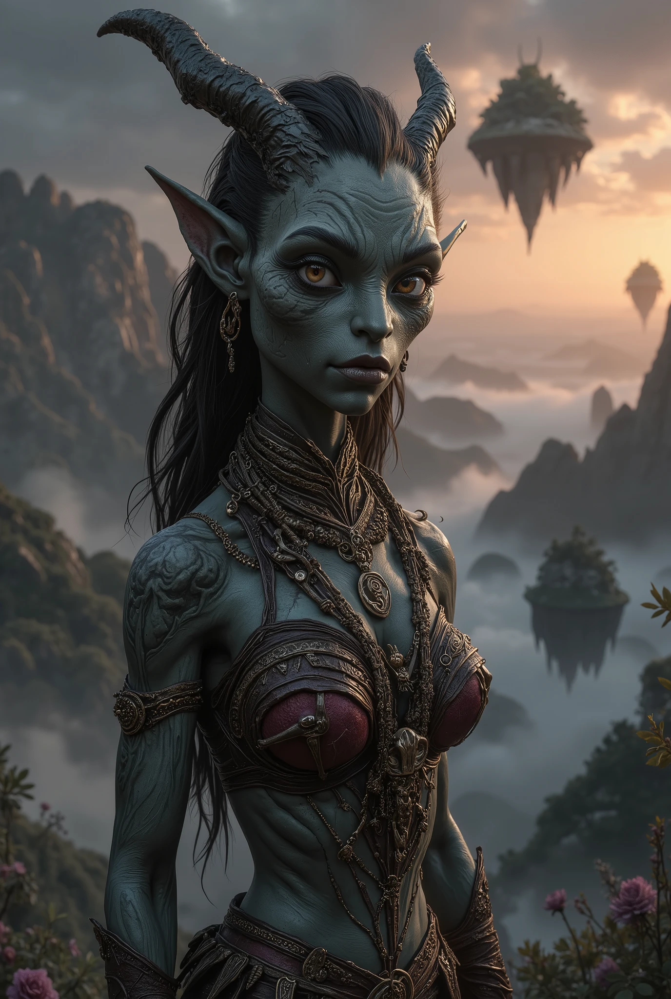 view from height,full-body-shot,obsidian The Alien Entity, half-Moana, sassiness temper,natural leather textures, hyper realisitc, hyper detailed,Extremely detailed,High contrast, ,Realistic,Ultra Detailed,intricate details,realistic humid skin,extremely intricate,Epic Realistic, Romantic, cinematic style,irina yermolova, orc's village of fishers,full body length,ominous landscape,floating islands on background in dangerous atmosphere,sunset, a Tim Burton-inspired dreamscape,Bun Hair,(Folk clothes:1.5),full body length,niobium goblin,native africa ,once pretty face,eyebrow up,full body shot,ominous landscape,niobium gray atmosphere,photo,photorealism,Masterpiece,hyper natural skin textures, hyper realism,hyper detailed,High contrast,Realism,Ultra Detailed,irina yermolova,close full body shot,32K resolution,Nikon Z9, ,demonic fog, smoke, audience, mist, featuring ultra-realistic and hyper-realistic elements, Marta Bevacqua, Ellen Jewett, Kawacy, Katsuya Terada, Carne Griffiths,concert lighting, bokeh, luminal space that feels both bright and surreal. Includes liquid fluid elements for added depth and movement. Rendered in an unreal engine and post-processed to achieve . Evokes a sense of dreamy, ethereal and mystical mood,horror pixar movie still,thriller disney movie ,pixar render, animated ,suicide,psychiatric clinic, insane fantasy,storm,cloud storm
