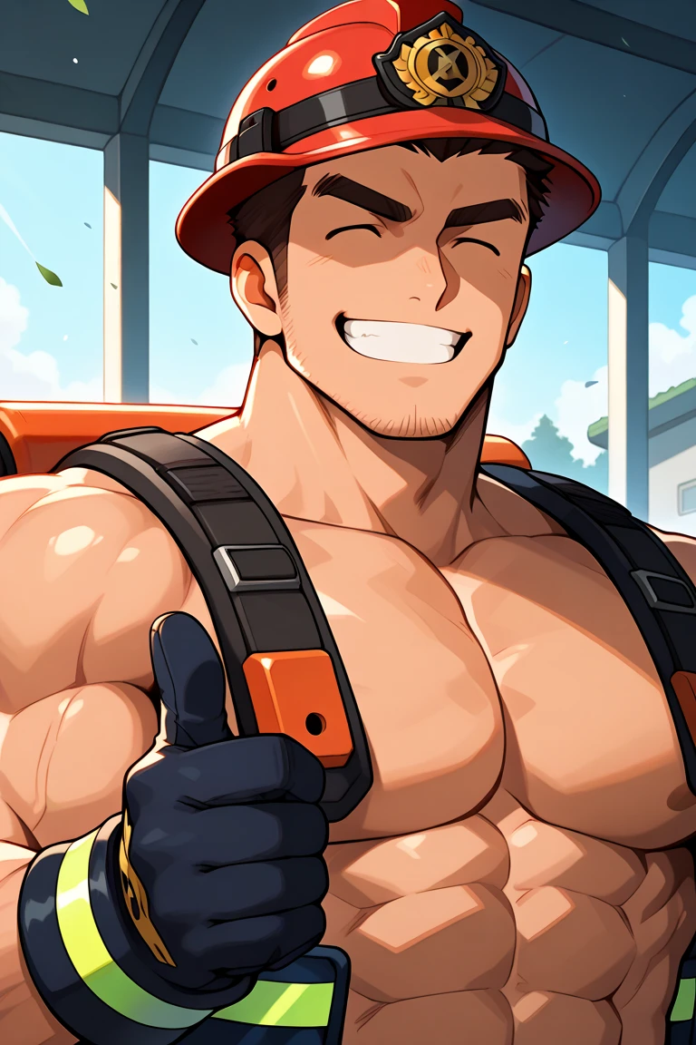 1boy, male focus,
<lora:Character - Tear of Themis - Luke PearcePONY:1> luke_pearce, brown hair, short hair, coral eyes
((zPDXL)), score_9_up, score_8_up, score_7_up, score_6_up, score_5_up, score_4_up, best quality, amazing quality, best aesthetic, absurdres, year2023, very nsfw, uncensored, game cg, official art, official style,
park, flexing, firefighter jacket, abs, nipples, navel, gloves, looking at viewer, orange jacket, orange pants, firefighter, fire truck, suspenders,