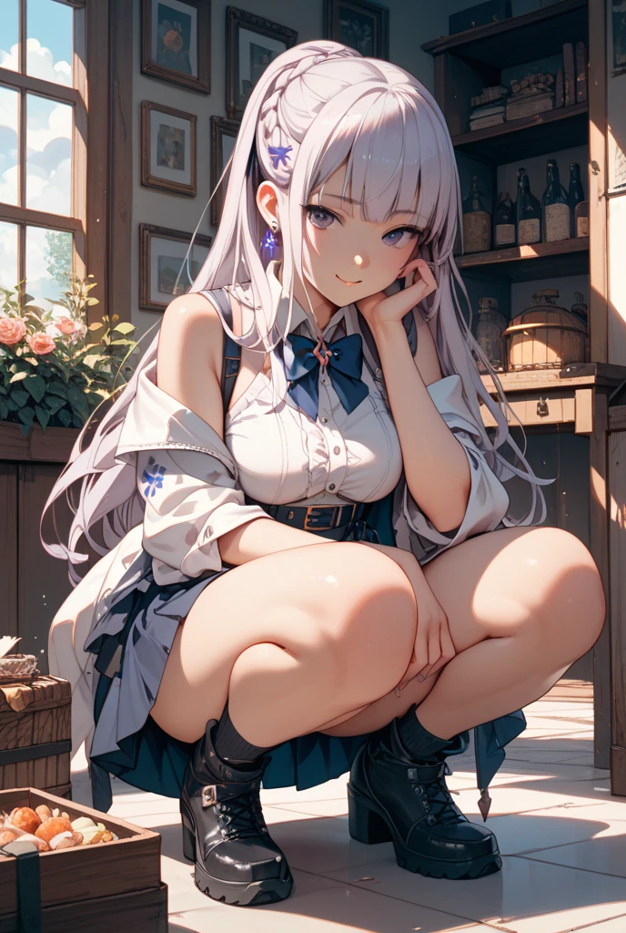 very cute and beautiful girl,(Very detailed美しい顔), (smile),blush,Black Hair,Seraphim,(White Hair、long hair),(White Shirt、Pleated navy blue pread your legs、Squat)、Sitting、(From below)、(Lace panties), Country road, (Highest quality,masterpiece:1.0),Absurd,High resolution,Super detailed,Very detailed,32K,8k resolution, Intricate details,Movie Scenes,Detailed Background,alone,Dynamic Angle,