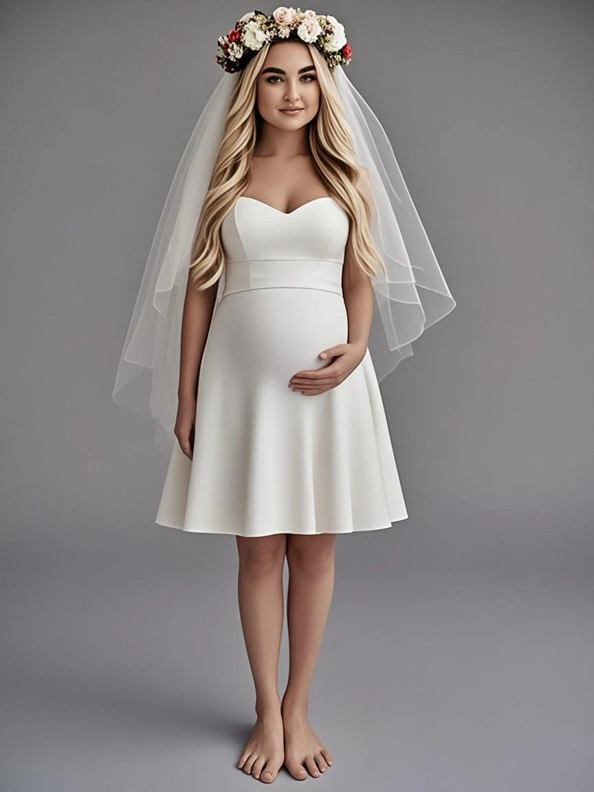 pregnant woman in a white dress posing for a photo, romantic gown, flowing gown, soft elegant gown, full length view, wearing a flowing dress, stunning ivory dress, wearing stunning ivory dress, wearing long gown, ruched bodice, wearing ivory colour dress, seraphine, beautiful gown, gown, flowing dress, pregnant, dressed beautiful gown, maternity feeling
