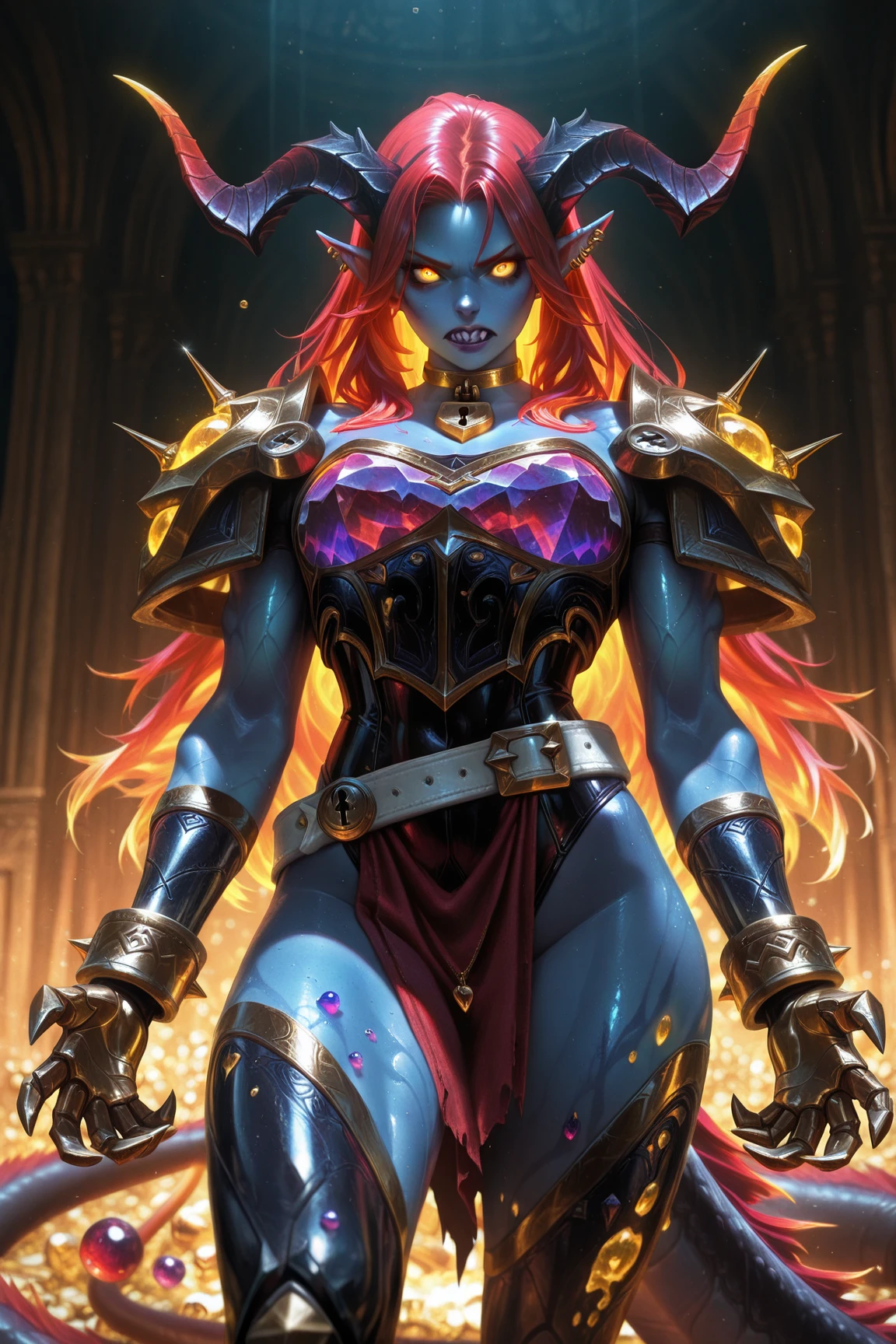 Hellbender,red hair,green eyes,scar,blue skin,(muscular:1.2),solo,braid over shoulder,biceps,
armor,gauntlets,cleavage,pauldrons,leotard,spikes,smile,hips,
alien throne room,
(insanely detailed, beautiful detailed face,beautiful detailed eyes, masterpiece, best quality),solo,<lora:LadyHellbender-10-v9:0.8>,