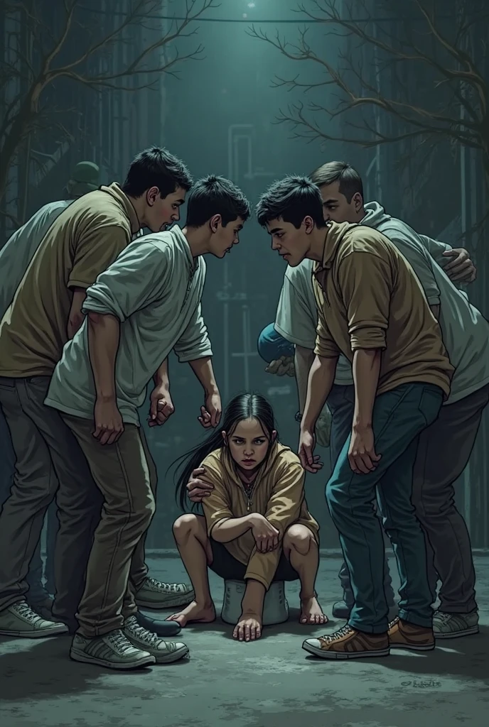pale skin weak body woman crying bruised body get beaten by Indian boys in bathroom group sex pulling hair full body beating writing on body