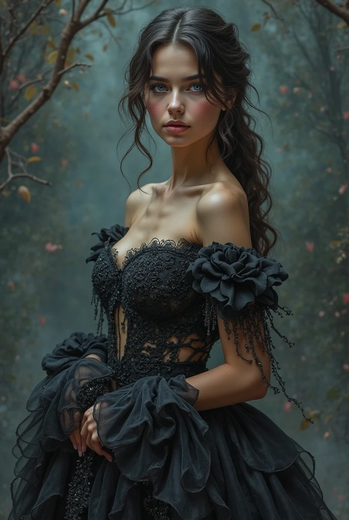 Girl with a beautiful long pink Victorian-style dress with lace and jewels and in the middle of the dress it opens in half and shows beautiful lingerie of the same color with pink lace