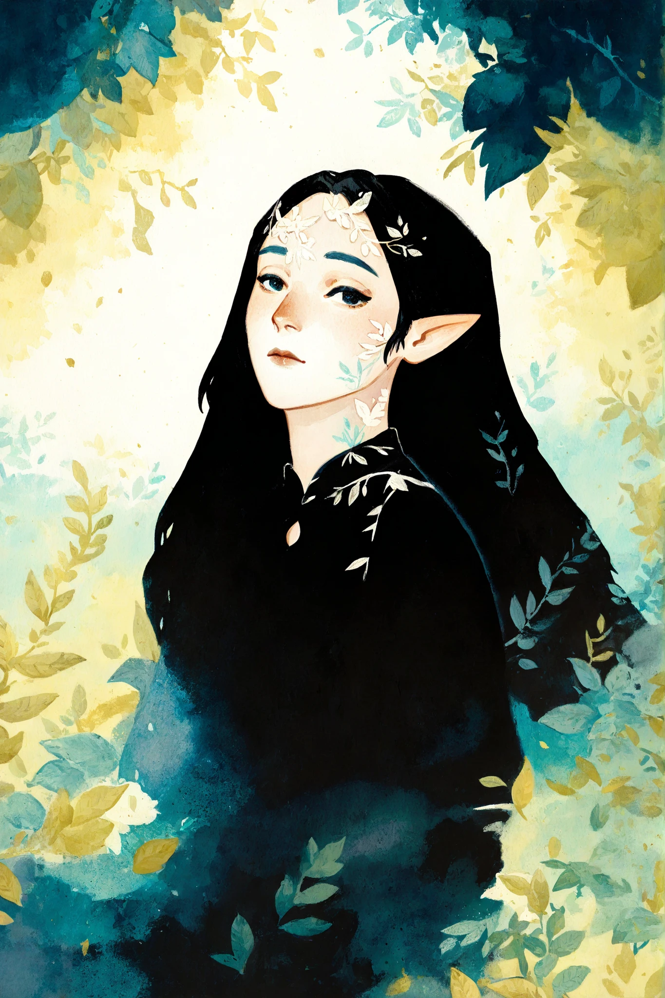 drki, dkri, portrait, 1girl, detailed illustration, characters, detailed faces, black clothes, ethereal atmosphere, fantasy aesthetic, painterly illustration, gouache painting, gouache texture, soft illustration, 2d art, leaves, abstract background, masterpiece, best quality