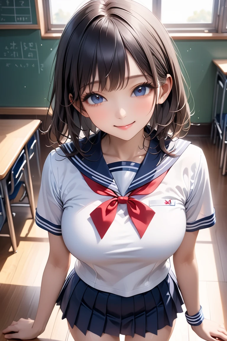 Teen Girls(masterpiece:1.4)、(in 8K、realisitic、Raw photo、top-quality:1.4)、(Real Face:1.4)、(real looking skin:1.3)、超A high resolution、A hyper-realistic、Eyes in Beautiful Details、Blonde twintails、White and navy blue sailor suit、White underwear、high detailing、(huge-breasted:1.5)、Blushing、Embarrassed look、gargantilha、Classroom