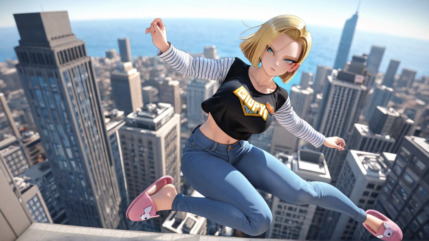 best quality, highres, and18, 1girl, android 18, solo girl, blonde hair, blue eyes, belt, boots, tight blue demin skirt, gold necklace, black shirt, short hair, long striped sleeves, earrings, open vest, denim vest, medium breasts, cowboy shot, city view, straight-on, (weather: windy), sexy smile, full length pantyhose, battle ruins, wide hips, thick legs, flexing, white panties,