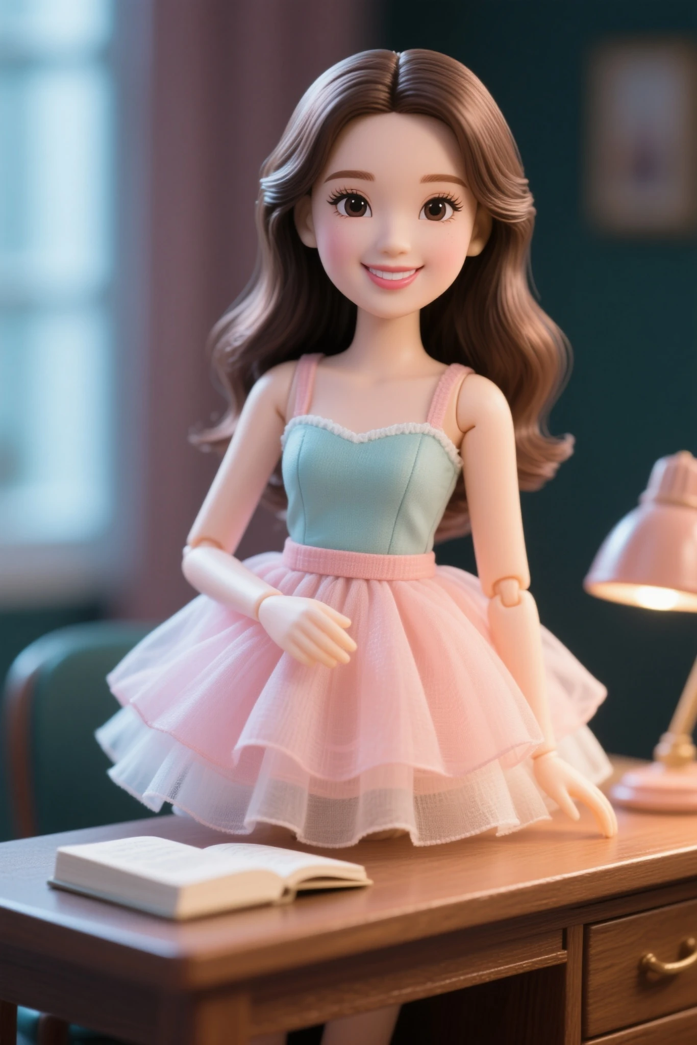 smiling,beautiful female figure doll,Delicate and beautiful appearance,책상 위에 올려진,wearing a puffy skirt on a desk,High definition,full of details,studio lighting,Realistic,Professional level,vibrant colors,Soft Focus Effects