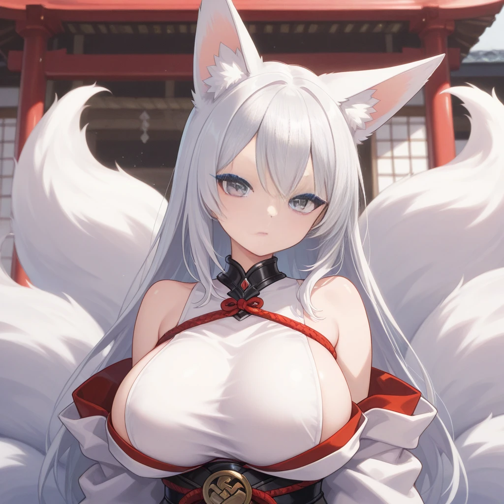 A white Kitsune yellow eyes highly detailed face highly detailed eyes large breasts figure mature woman several white tails and soft long Kitsune ears, she would wear a pink hat and I wouldn't wear anything under