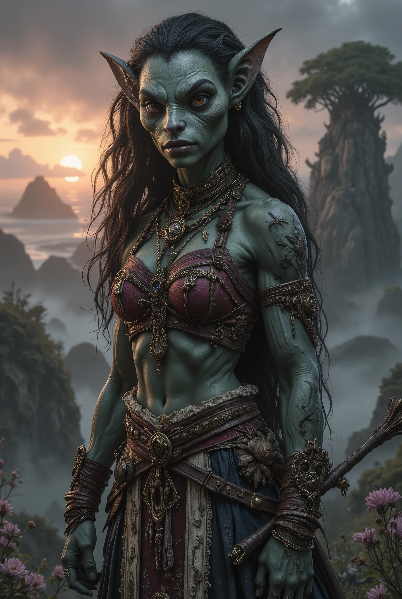 view from height,full-body-shot,obsidian The Alien Entity, half-Moana, sassiness temper,natural leather textures, hyper realisitc, hyper detailed,Extremely detailed,High contrast, ,Realistic,Ultra Detailed,intricate details,realistic humid skin,extremely intricate,Epic Realistic, Romantic, cinematic style,irina yermolova, orc's village of fishers,full body length,ominous landscape,floating islands on background in dangerous atmosphere,sunset, a Tim Burton-inspired dreamscape,Bun Hair,(Folk clothes:1.5),full body length,niobium goblin,native africa ,once pretty face,eyebrow up,full body shot,ominous landscape,niobium gray atmosphere,photo,photorealism,Masterpiece,hyper natural skin textures, hyper realism,hyper detailed,High contrast,Realism,Ultra Detailed,irina yermolova,close full body shot,32K resolution,Nikon Z9, ,demonic fog, smoke, audience, mist, featuring ultra-realistic and hyper-realistic elements, Marta Bevacqua, Ellen Jewett, Kawacy, Katsuya Terada, Carne Griffiths,concert lighting, bokeh, luminal space that feels both bright and surreal. Includes liquid fluid elements for added depth and movement. Rendered in an unreal engine and post-processed to achieve . Evokes a sense of dreamy, ethereal and mystical mood,horror pixar movie still,thriller disney movie ,pixar render, animated ,suicide,psychiatric clinic, insane fantasy,storm,cloud storm