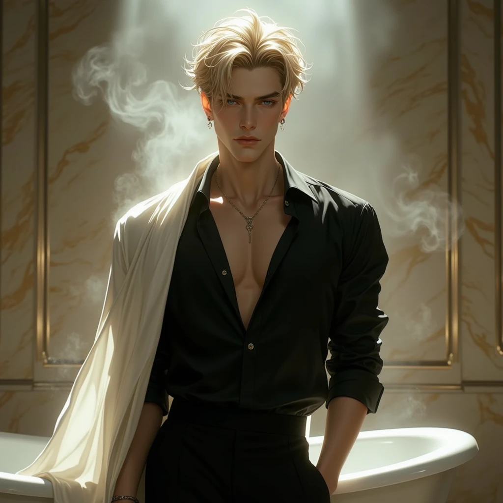 "Against the backdrop of the lights of the Golden Age, this tip has a surrealistic style and a dreamy atmosphere. The scene depicts a young man with silver hair, fair skin, deep eyes, and a high nose taking a shower. Close-up above waist, tanned body, little beard
