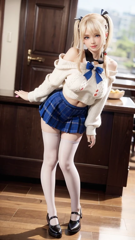 ((highest quality)), ((table top)), urban area、Standing on the stairsいる、Low - Angleショット、strong wind、Panty focus with skirt lifted、 (Full body photo looking up from the feet)、perfect face，big and full breasts、slim body shape、beautiful skin，Moist eyes、natural makeup、Cute 18 year old Japanese girl，((big twin tails、Scrunchie))、brown hair，messy hair，wonderful smile，autumn park、Standing on the stairs、autumn ladies fashion、Wearing an off-shoulder long-sleeved sweater、Wearing a checked mini skirt、((Wearing ankle-high boots))、show me your beautiful thighs、Stretch out your slim body shape&#39;s legs to the left and right、inner stock、black rimmed square glasses、necklace、earrings、photograph from below、Low - Angle