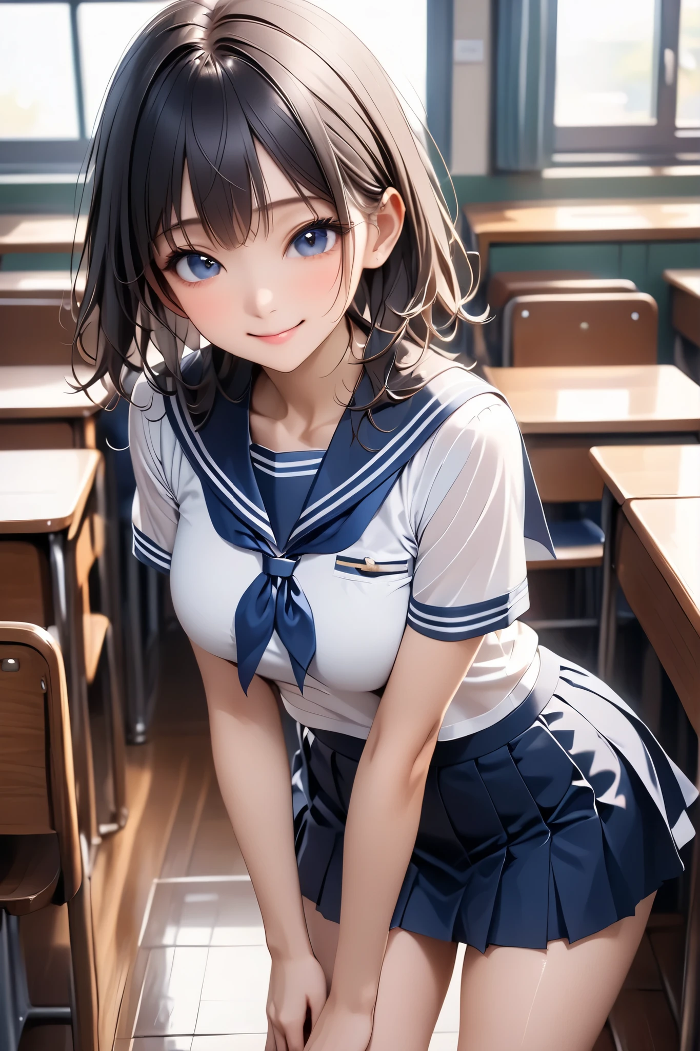 (high quality, 8k, 4K, High Contrast, masterpiece:1.2, highest quality, Best aesthetics), 1 female, (In perspective) beautiful and cute woman, The perfect 18 year old, Japanese、Brown Hair、Straight hair,long hair,blunt bangs,oily skin,small breasts,、Sailor suit、blue neckerchief、Pleated mini skirt、classroom、Japanese School、(Intricately detailed environments),(Textures and environments、Professional photos、Perfect lighting).