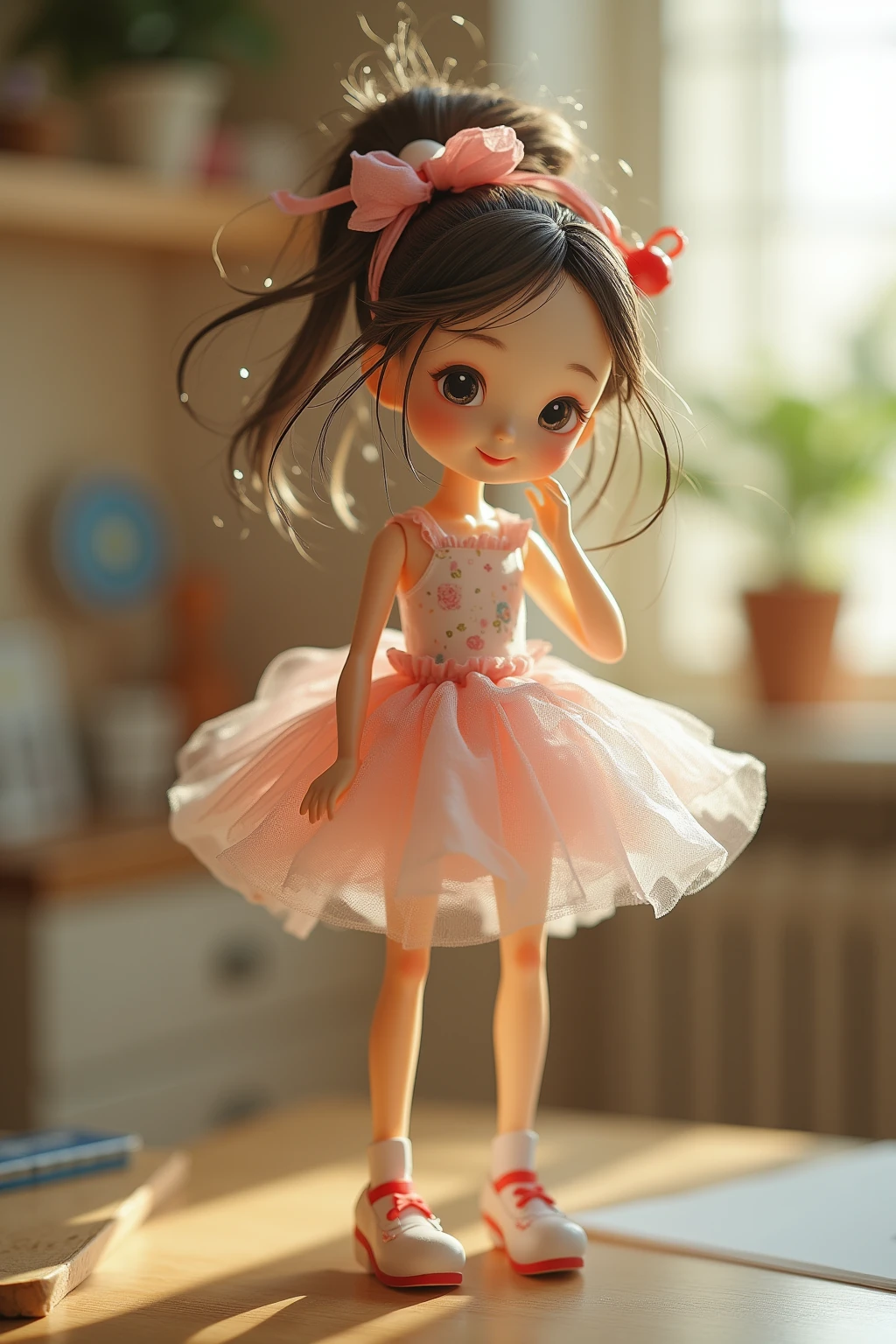 smiling,beautiful female figure doll on the desk,Delicate and beautiful appearance,책상 위에 올려진,wearing a puffy skirt on a desk,High definition,full of details,studio lighting,Realistic,Professional level,vibrant colors,Soft Focus Effects