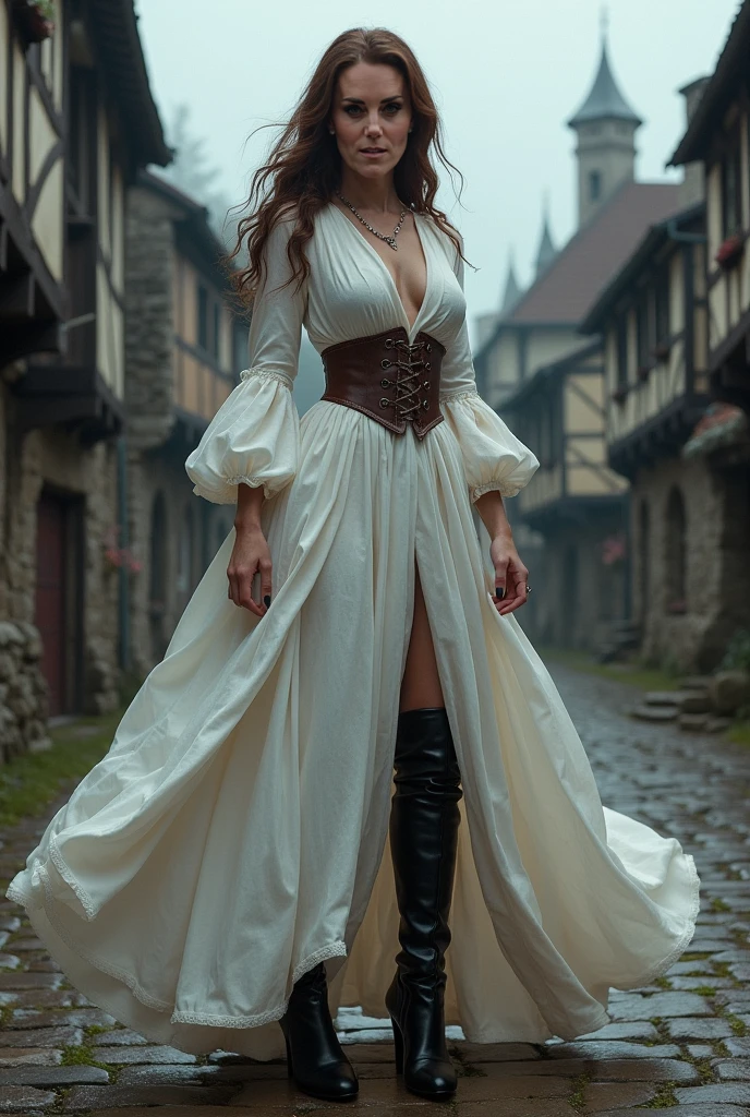 Female pirate in white shirt,  white skirt below and long black leather skirt above with slit in the middle to see the long white skirt, black boots, must have rings on fingers. A golden paleacate on the head with a brown hat. And a black and gold corset