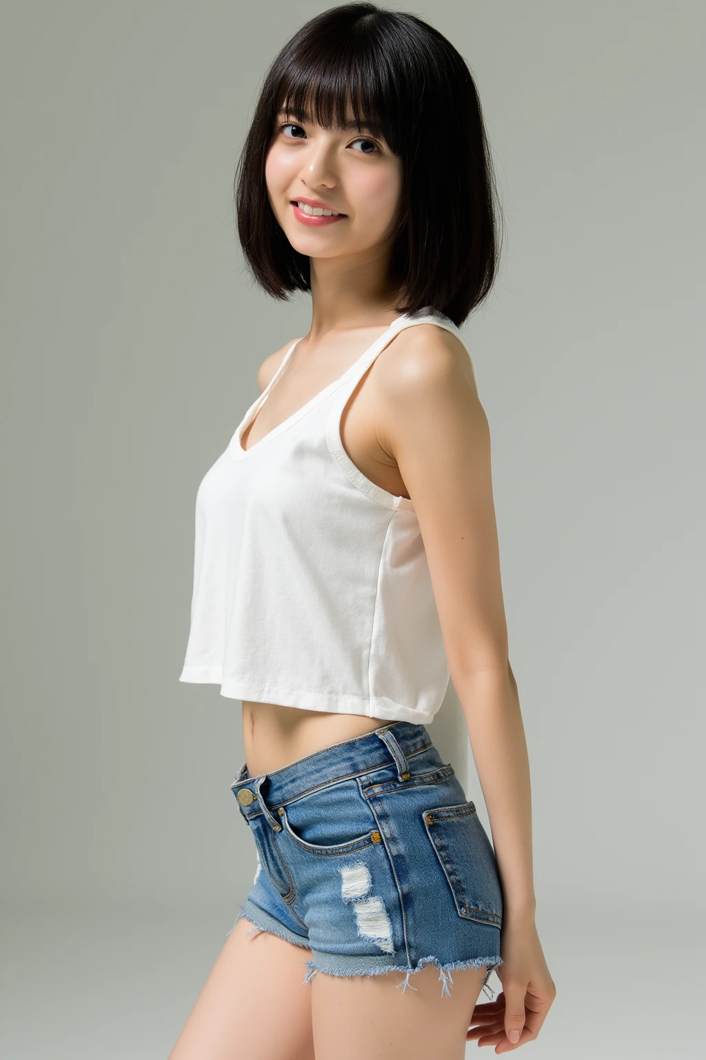 A  girl with short white shorts, standing in a relaxed pose. She has a cheerful expression, short hair, and is dressed in a casual summer outfit. She has thick thighs and slender legs. The background is a sunny outdoor setting with a clear blue sky and some greenery. The bright sunlight shines on her, creating clear shadows and highlights. The environment includes trees and grass, indicating a lot of greenery.ガニ股、しゃがむ、膝をこちらに向ける