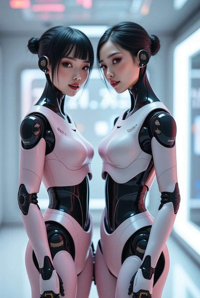 a cute woman, sexy skin-tight bodysuit, cybernetic data-ports, neon chrome color scheme, future tokyo, posing next to a matching cyber super mecha, masterpiece, best quality, 8k, hyperrealistic, extremely detailed, cinematic lighting, volumetric fog, dramatic atmosphere, intricate details, photorealistic, digital art, concept art, sci-fi, cyberpunk