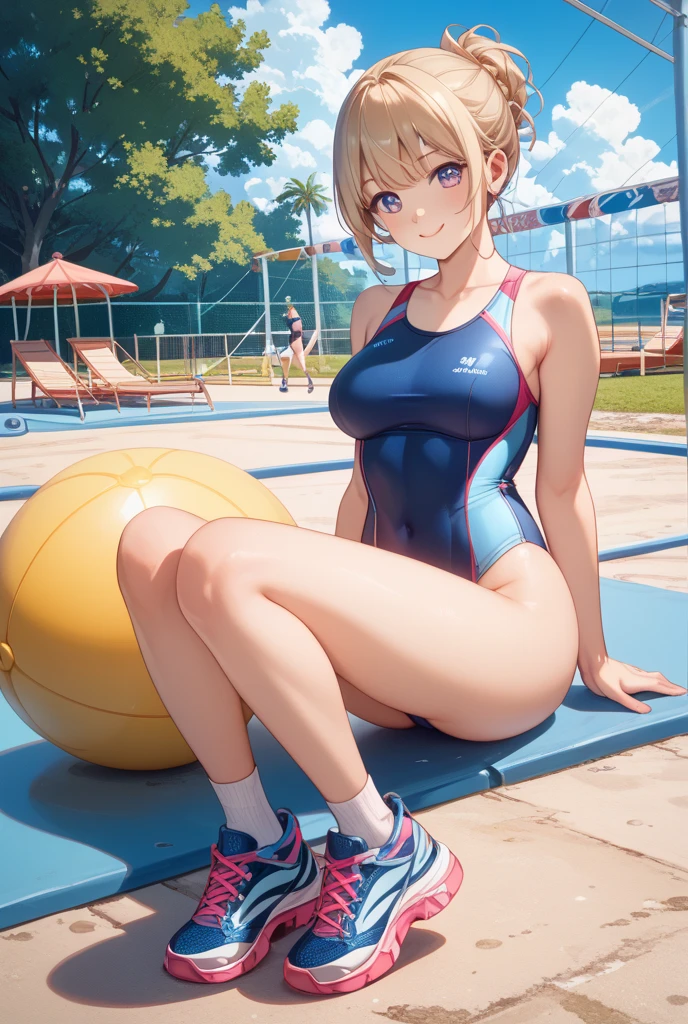 Short Hair、Blonde、Nipples、swimming、Swimsuit、Open your legs while crouching、Perfect body