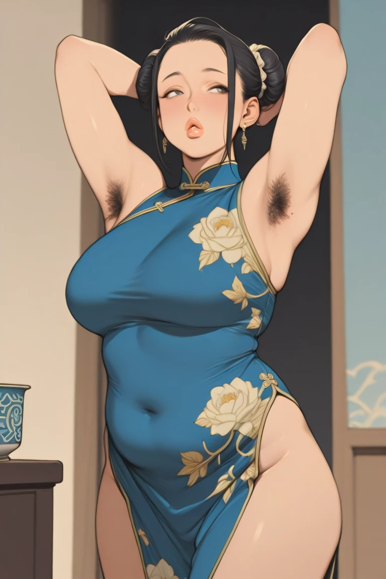 scissorhold, leg lock, scissorhold, between thighs, white background, thick thighs, qipao, full body, high heels, piggyback