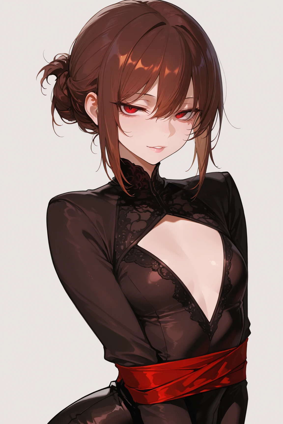 <lora:corset_piercing_v1:0.9> corset piercing, covering breasts,, ultra detailed, masterpiece, best quality, aesthetic, detailed,, solo, frown,
1girl, red eyes, <lora:Tsurime3:1>, (tsurime:1.2), (brown hair:1.3), medium hair, (asymmetrical bangs, swept bangs, cowlick:1.35), flipped hair, <lora:foldedponytail:0.8> foldedponytail, folded ponytail, (small breasts:1.3),