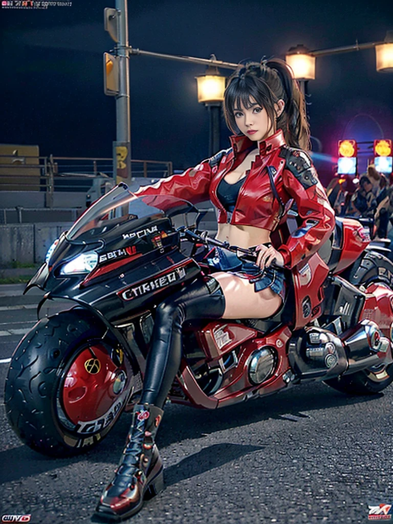 Beautiful and sexy woman in black leather full body suit, a woman riding a large motorcycle, long brown curly hair, hair blowing in the wind, red lipstick, Fujiko Mine from the anime Lupin III, Fujiko Mine, slender figure and beautiful bell-shaped breasts, high heeled black boots, Gotham City at night,