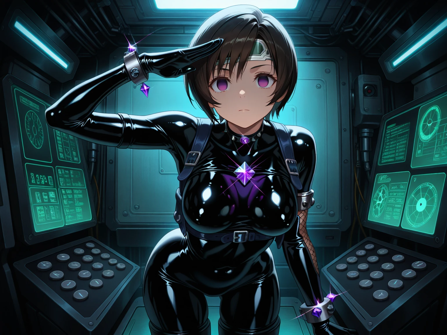 (masterpiece、highest quality、Highest Resolution、clear_image、Detailed explanation、Angle from above): (whole body、One 20 year old girl、The Face of Japan、Small face、thin、navy blue super short bob cut hair、(Hidden Small:1.3)、Sparkling blue eyes、Shiny black and white pilot suit、Chest protection armor、Tight fitting clothes、whole bodyを覆う衣服、Glamorous clothes、Tight Fit Pants、Hide your skin、Very delicate and beautiful、Detailed skin、hide thighs、Hide your ass、cute、A kind smile、Soft look、heroine、headset、Knee-high boots、Elbow-length gloves、Eye-level shot、face directly、Woman on a spaceship)