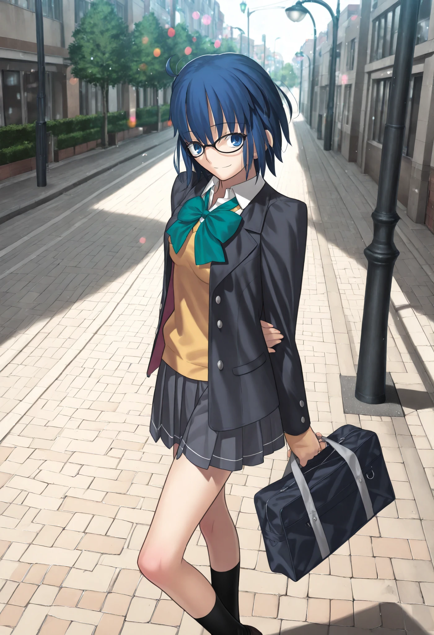 masterpiece, , absurdres, highres, detailed background, high resolution, masterpiece, necessary, detail, best quality, quality, necessary, details, High details, Precise, 8k indoors, (tokyo, street, lamppost, colorful light particles, powder light,),day lens flare, blurry background,(from above, from side),
1girl, Takeuchi Takashi (type-moon,tsukihime) style, takeuchi takashi style, (aged up),(school), having bag, standing,(long legs) ,
girl, (slender body, slim arms, slim bod), solo, el3gymaster ,ciel \(tsukihime\) ,blue eyes ,blue hair ,glasses ,short hair,(, black-framed eyewear , school uniform , open jacket , green bowtie ,yellow knit, white undershirt , grey skirt , pleated skirt , socks , loafers ), (medium breasts),(looking at viewer), light smile , ,