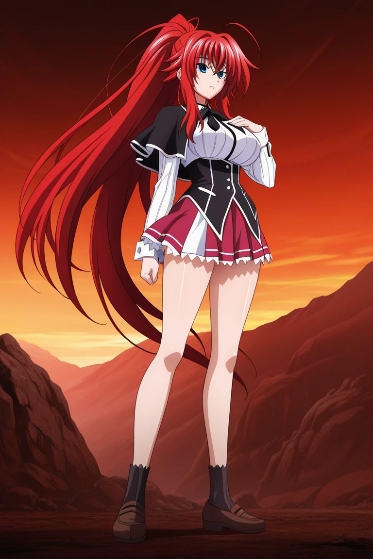 A sexy girl honest warrior long straight bright red hair her light red eye wears silver armor covered in a metal blue skirt long brown boot
