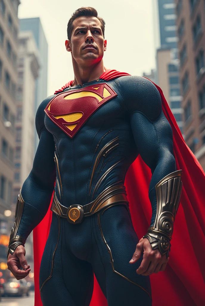 best quality,4k,8k, high res, masterpiece:1.2),ultra-detailed, realistic, photorealistic:1.37, dynamic, action-filled background, Alan Ritchson as cosplaying as Superman, the superman costume is tactical in appearance, red cape, Full body, In a fighting stance, Hyper muscular, fun, charismatic, detailed eyes,