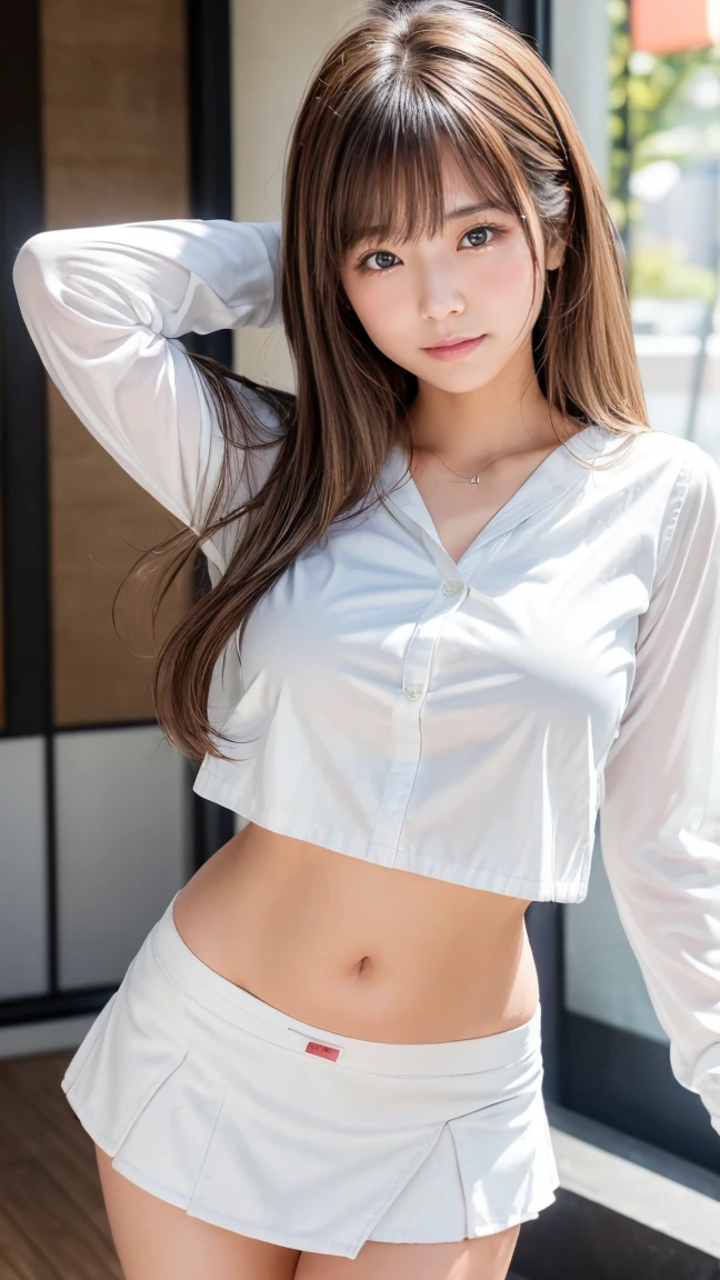 Beautiful 17 year old girl,Cute beautiful sexy face, A strong wind blows my hair in front of my face,Beautiful super long metallic blonde French long hair, Cute and sexy eyes.。、Belly button shirt、A very short white shirt and a checked miniskirt、Turn around and look at me with a smile、Cute eyes、I can see big 、trader