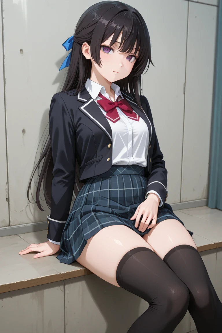 finest, masterpiece, High resolution, (Full body view from head to toe), Composition from slightly below the front, Symmetrical, 18 years old, slim and beautiful girl, alone, (small breasts), (not wearing shoes),Unkempt brown hair, bangs, (black tights), (black pantyhose), tied up with both arms hidden behind the back, , blush, shy big eyes, looking at camera, blazer uniform, plaid pleated skirt、Panties around ankles、Black knee-high socks