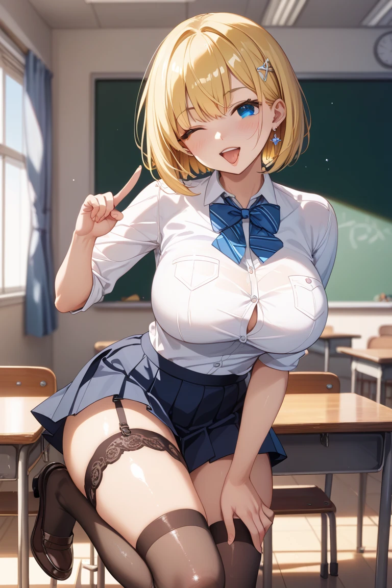 masterpiece、best qualtiy、A detailed、Female 1 Person、18year old、blue eyess、a blond、Sheer blouse、Unbuttoned blouse、Pleated skirt、Blue hairpin、Colossal tits、Colossal tits、Classroom、Peace sign by hand、Sit at the desk with your legs open、Bend your knees and open your legs、Wet underwear、white panties、Show panties、twin-tail hair、Sweating、knee high socks、Red ribbons