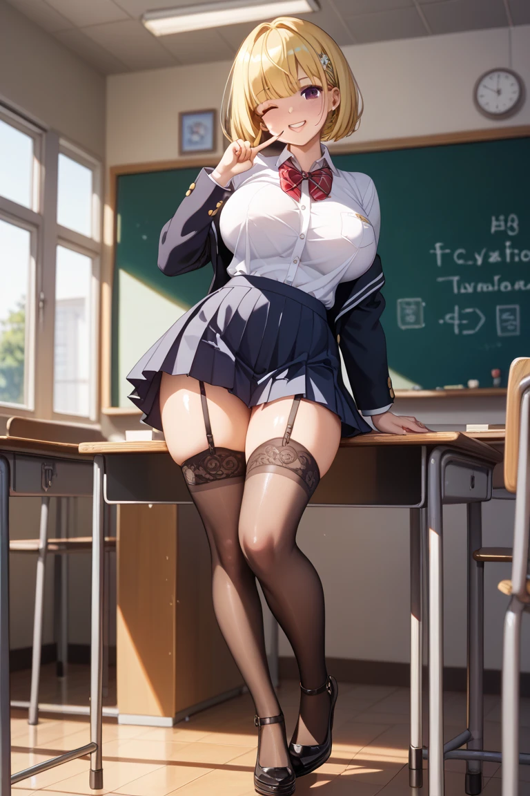 kitagawa marin,neat blouse,white blouse,transparent blouse,in the classroom,pleated skirt,short skirt,high school girl,18 years old,loafers,white socks,blonde hair,(large breast:1.8),spread legs,raise up legs,show panties unintentionally,(best quality)),((masterpiece)), (detailed),perfect face