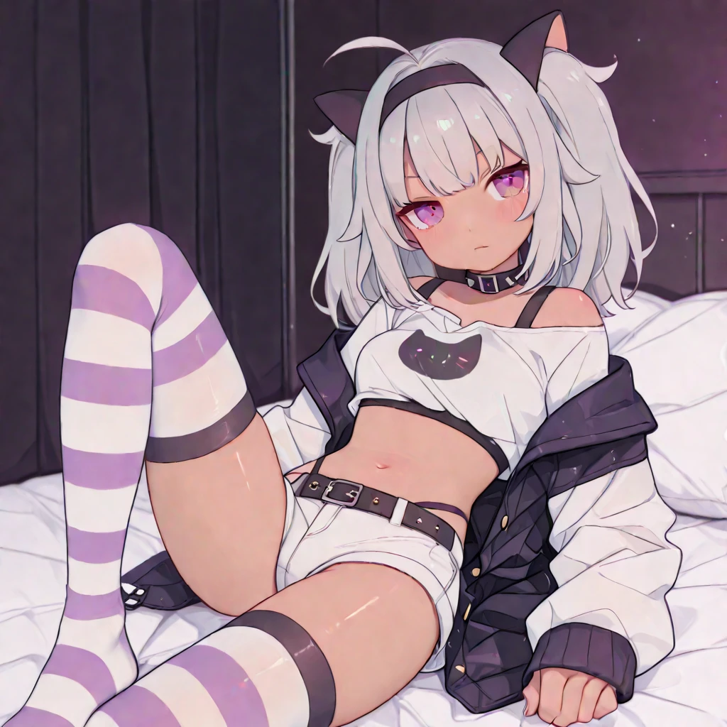 (finely detailed beautiful eyes and detailed face,masterpiece, full body shot, sidelighting,masterpiece,best quality,detailed,high resolution illustration), (1girl, solo, alone) alluring face and chest, big chest, sexy
(1girl,whole body,bishoujo,lustrous skin,looking down,looking at viewer),
(silver hair,pink iridescent eyes, cat-girl, red crop top, black panties, wearing lace black pantyhose)