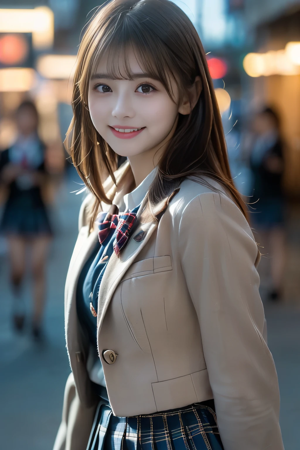(top quality、masterpiece、super quality、Super accurate 、UHD、Ultra high resolution:1.2)、(16k、Photorealistic、Real As Pictured、RAW pictures、f/2.8:1.4)、(Ultra Realistic Details、high detail、very detailed、top qualityの影、depth of field、ray tracing:1.2)、(Babyface、Fashion Model、20 years old:1.uper cute face、One Nogizaka girl:1.3)、(Dynamic Action、Full Body、舞い踊る姿、Professional cinematography、low angle:1.aggy Eyes、double eyelid、Beautiful, clear, dark eyes)、(natural makeup、crystal pendant for acting)、(Big Smiles、happy:1.hort brown hair、bungs、流したbungs:1.2)、(Perfect Anatomy、Perfect proportions、Beautifully detailed body、Beautifully detailed hands and fingers、Beautifully detailed legs、fair skin、very detailedな肌と顔の質感:1.2)、(JK shirt、 JK Plaid Pleated Skirt:1.4)、(JK Blazer Uniform、Female High School Student Uniforms:1.4)、(Depict the fantastic、mysterious、sky full of stars:1.5)、(With her unparalleled beauty and short bob style、Ultra-high-definition of a Japanese idol with an idol-like smile(UHD)Photorealistic画像を制作します。 she says 、パリッとしたFemale High School Student Uniformsに、JK shirtとプリーツスカートを合わせ、Exuding erotic charm。The stage is、Under a starry sky filled with sparkling lights、Depict the fantasticな夜の遊園地。16K解像度とray tracingを駆使し、Ultra Realistic Detailsでシーンを捉え、top qualityの影とdepth of fieldを表現します。Using natural soft light and cinematic lighting techniques,、まさにmasterpieceと言えるプロ仕様の画像を制作します:1.4)、(NATURAL SOFT LIGHT、 cinematic lighting、Professional lighting)
