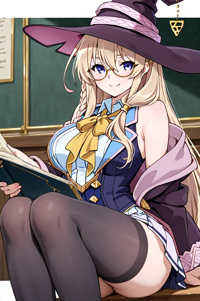 masutepiece, Best Quality, the Extremely Detailed CG Unity 8K Wallpapers, Sexy Witch , Long dark blonde wavy hair、off-shoulder knit, darkblue pleated skirt, Medium milk, hanging breasted, cleavage, Blushing, Shy laughter, Bare shoulders, (Leaning forward),、Sexy lace underwear、Black High Heels、Luxurious magic wand and book、Castle Church、sexy pose