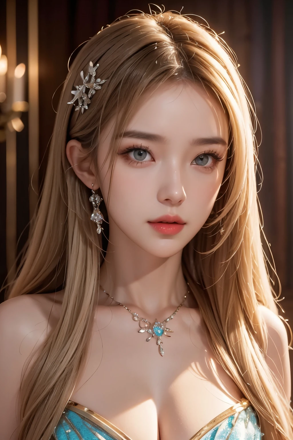 best quality, masterpiece, high resolution, 1 Girl, Full body cheongsam, Hair accessories, necklace, jewelry, Pretty Face, White hair, Tyndall effect, Reality, , Edge lighting, Two-tone lighting, (Highly detailed skin:1.2), 8K Ultra HD,  , soft light, high quality, Volumetric Lighting, frank, Movie, high resolution, 4K, 8k, Bokeh, Full breasts,Slender thighs