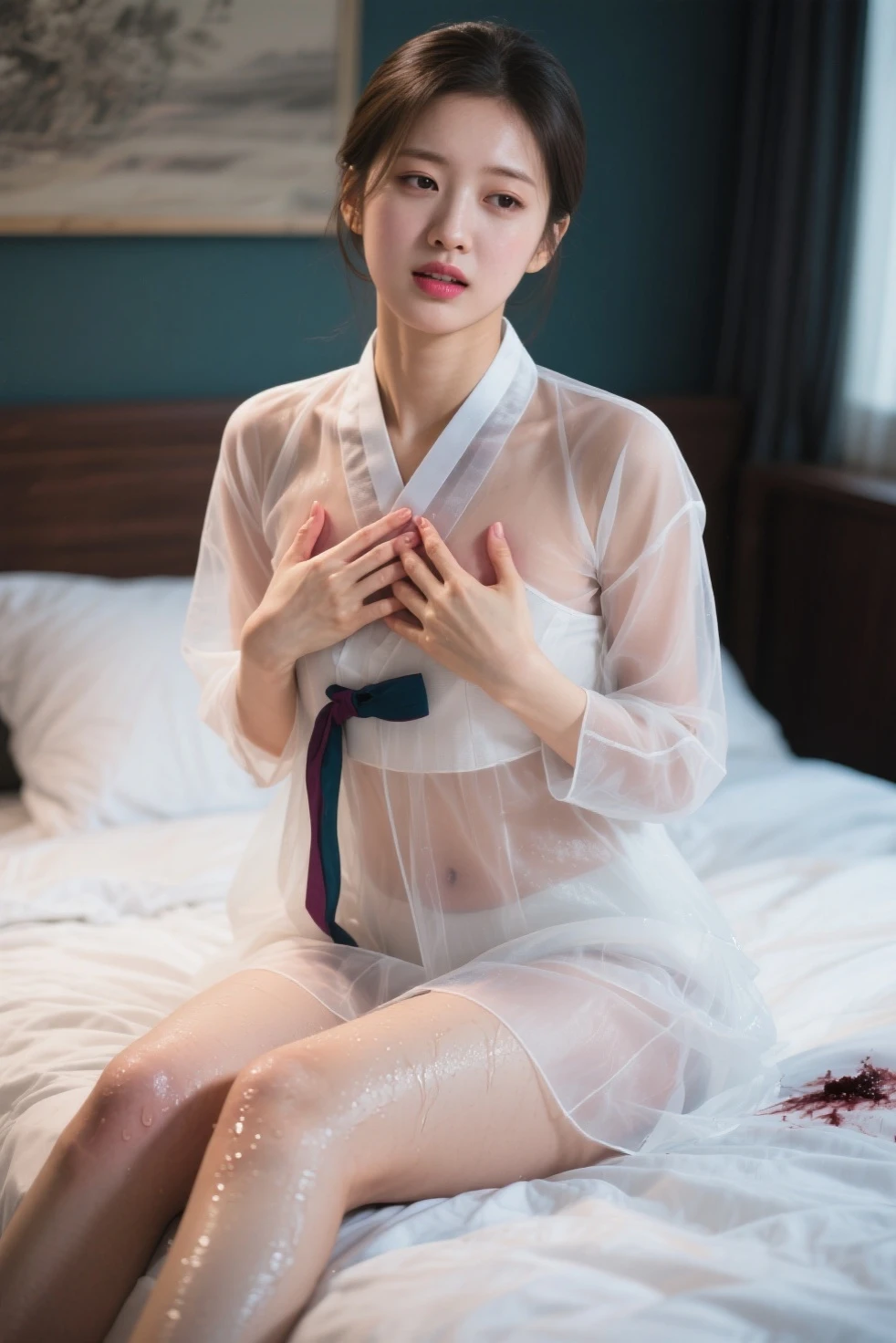 (masterpiece:1.1, best quality:1.1, 16k hdr, high resolution),dark background, dark night, (1 girl, alone), ((super beautiful korean girl)), ((short wavy hair, bob cut, earring), ((Han bok,hanbok, exposed legs)), giant 분열, giant 가슴, giant , busty, Huge, perky breasts,((flashing and nipples, sitting on a park bench chair with legs apart,Open your legs wide and completely, Hands spread pussy., park chair at night,dark night 공원 벤치에서)), (Perfect slim body:1.1), very detailed face, detailed eyes, realistic skin texture, whole body레즈비언, whole body, whole body사진, Filmed from below,Spread your legs and show your pussy, hairy pussy, Pussy hair, gaping vagina,inverted vagina, vaginal protrusion, wet body,High-gloss skin,big bust, Detail of semen dripping from pussy, body wet with sweat, sinister eyes, Open Your Mouth, orgasmic face,(look straight:1.3), (gaping pussy), (vulva:1.1),(big clit:1.1), (Big conspiracy), hole, pussy hole, giant 보지, creampie, hairy cat, wide hips, (giant 틈), (big clit), (Selfie photo of an 18-year-old woman showing off her pussy and butt.:1.2),(perfect face:1.2), (perfect eyes), (Beautiful girl),(perfect teeth), Oily, (giant 틈:1.5),