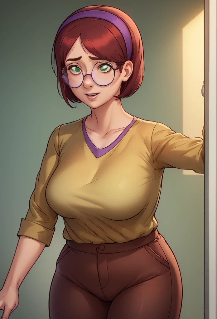 masterpiece, best quality, solo, 
<lora:Summertime Saga Judith v2:0.8>, JudithSaga, 1girl, upper body, large breasts, sagging breasts, nervous, 
standing, smile, green shirt, brown pants, untucked shirt,