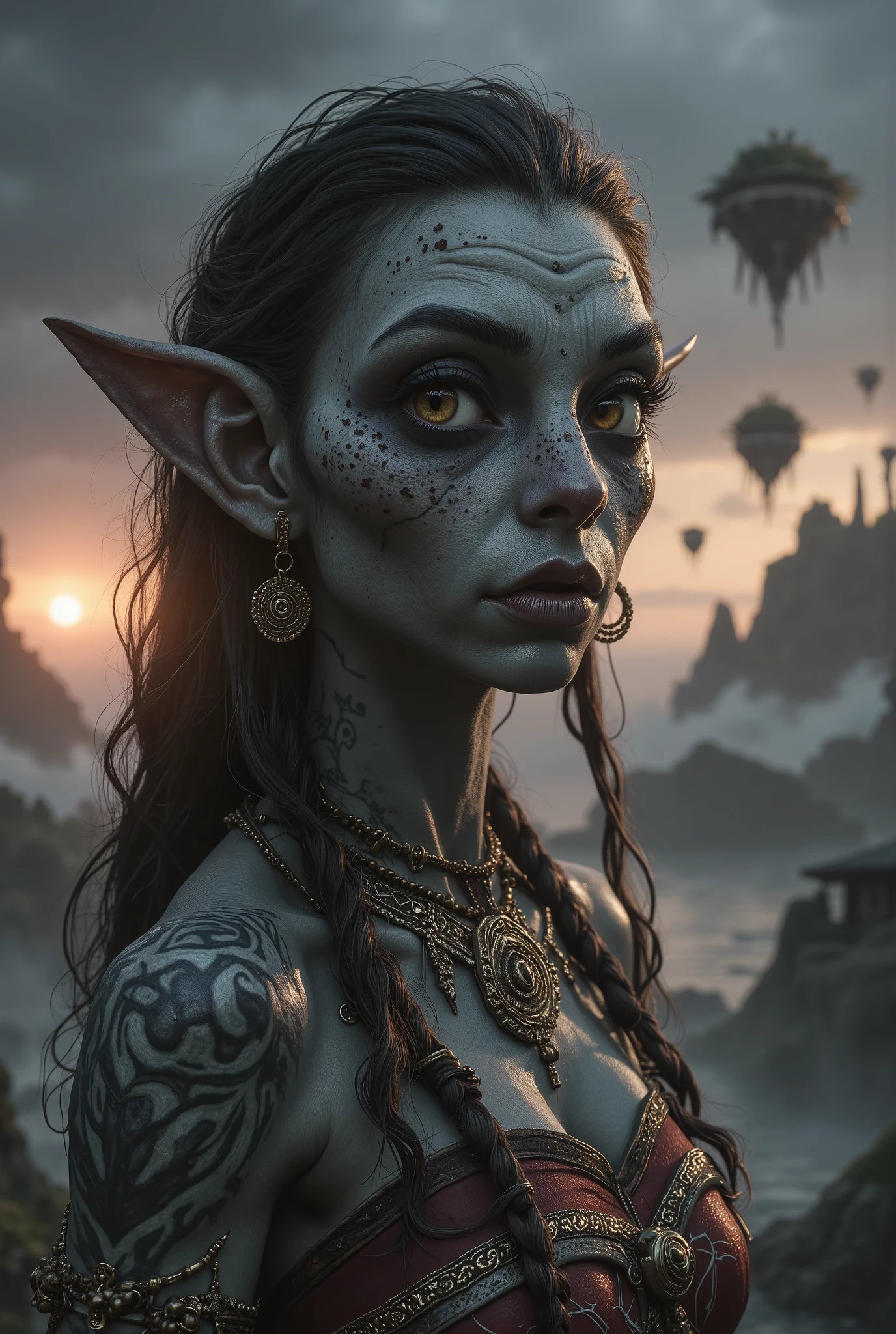 view from height,full-body-shot,obsidian The Alien Entity, half-Moana, sassiness temper,natural leather textures, hyper realisitc, hyper detailed,Extremely detailed,High contrast, ,Realistic,Ultra Detailed,intricate details,realistic humid skin,extremely intricate,Epic Realistic, Romantic, cinematic style,irina yermolova, orc's village of fishers,full body length,ominous landscape,floating islands on background in dangerous atmosphere,sunset, a Tim Burton-inspired dreamscape,Bun Hair,(Folk clothes:1.5),full body length,niobium goblin,native africa ,once pretty face,eyebrow up,full body shot,ominous landscape,niobium gray atmosphere,photo,photorealism,Masterpiece,hyper natural skin textures, hyper realism,hyper detailed,High contrast,Realism,Ultra Detailed,irina yermolova,close full body shot,32K resolution,Nikon Z9, ,demonic fog, smoke, audience, mist, featuring ultra-realistic and hyper-realistic elements, Marta Bevacqua, Ellen Jewett, Kawacy, Katsuya Terada, Carne Griffiths,concert lighting, bokeh, luminal space that feels both bright and surreal. Includes liquid fluid elements for added depth and movement. Rendered in an unreal engine and post-processed to achieve . Evokes a sense of dreamy, ethereal and mystical mood,horror pixar movie still,thriller disney movie ,pixar render, animated ,suicide,psychiatric clinic, insane fantasy,storm,cloud storm