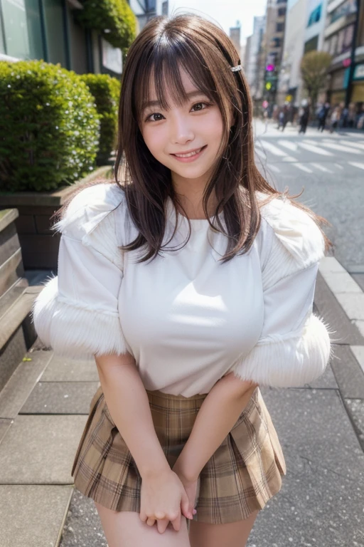 (Highly detailed CG Unity 8k wallpaper, highest quality, Super detailed, High resolution, Tabletop, Realistic, Realistic:1.5), (Detailed face of a cute Japanese girl, Face Focus, Beautiful fine details, Eye focus, (Detailed Background), Detailed clothing, Highly detailed skin, (Wear cute clothes and skirts:1.6), (Wearing fluffy, soft fur:1.5), (Sidewalk in Shibuya:1.5), Midi Wave Hair, Brown Hair, Floating Hair, Medium chest, morning、How to wake up properly), (Adorable smile:1.3), (View Viewer:1.4), ((Dynamic pose)), (downblouse:1.5),