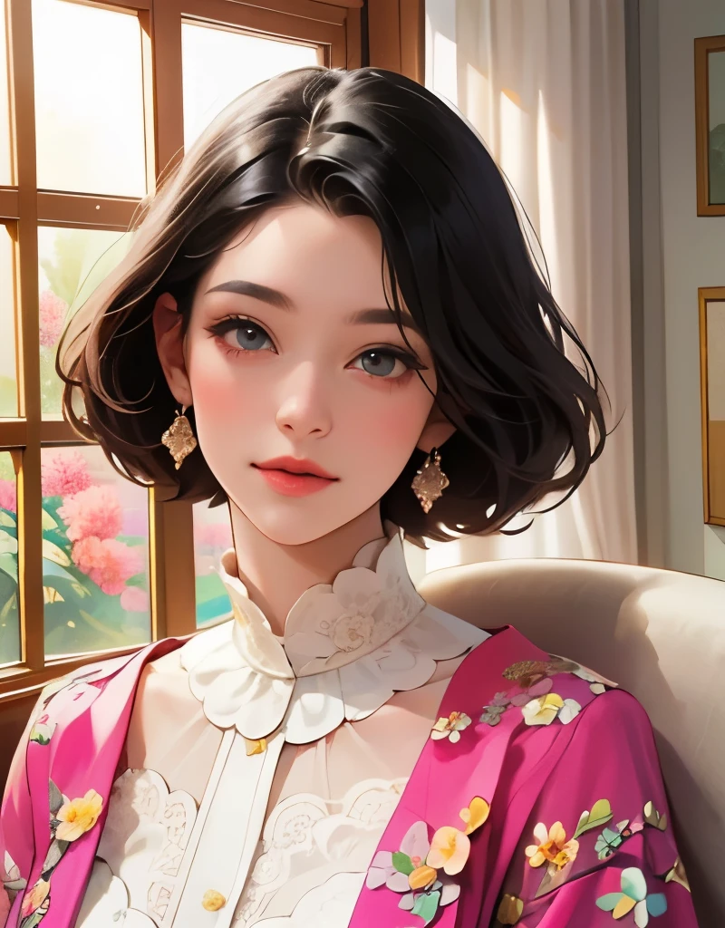 387 (20 year old woman),(short hair),(gentle smile),(high quality photos),(Luxurious room window),(colorful),(Floral clothes)